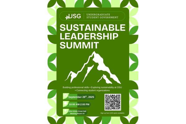 Flyer for Sustainable Leadership Summit, September 28, 2025, at Ohio Union, hosted by Undergraduate Student Government.