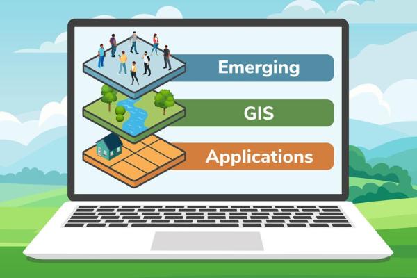 Computer with screen that says "Emerging GIS Applications"