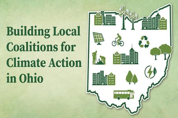 Building Local Coalitions for Climate Action in Ohio,” featuring the outline of the state of Ohio filled with icons representing renewable energy, recycling, biking, public transit, trees, urban buildings, and community initiatives.