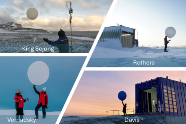 A collage of four weather balloons in the Antarctic at different times of day. Check caption for info.