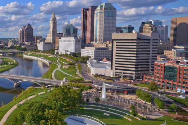 Downtown Columbus with Scioto River View of downtown buildings with river in foreground