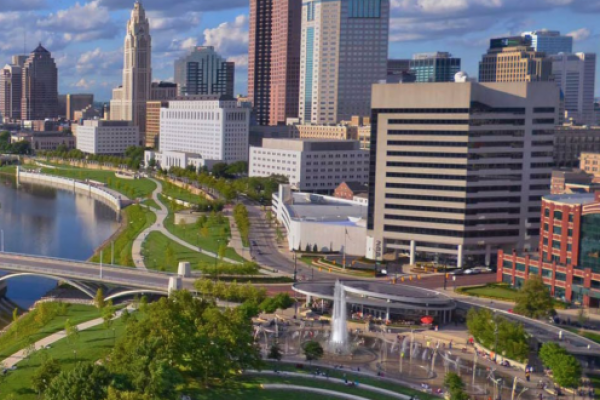 Aerial view of downtown Columbus along the Scioto River