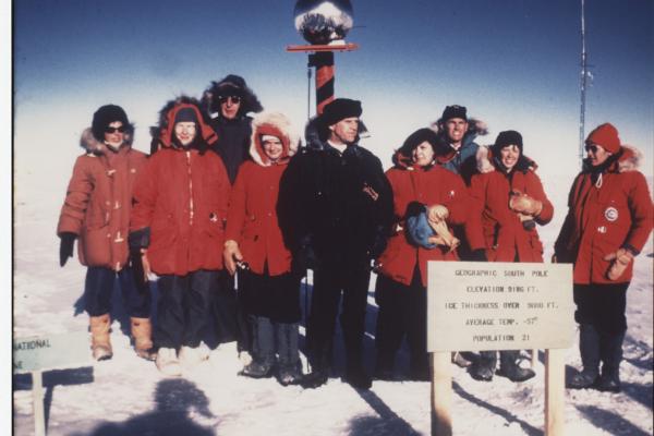 Team members in field gear at the South Pole