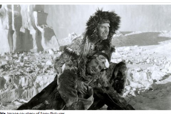 Image from Dirigible Two Characters in Cold Weather Gear with Antarctic Backdrop