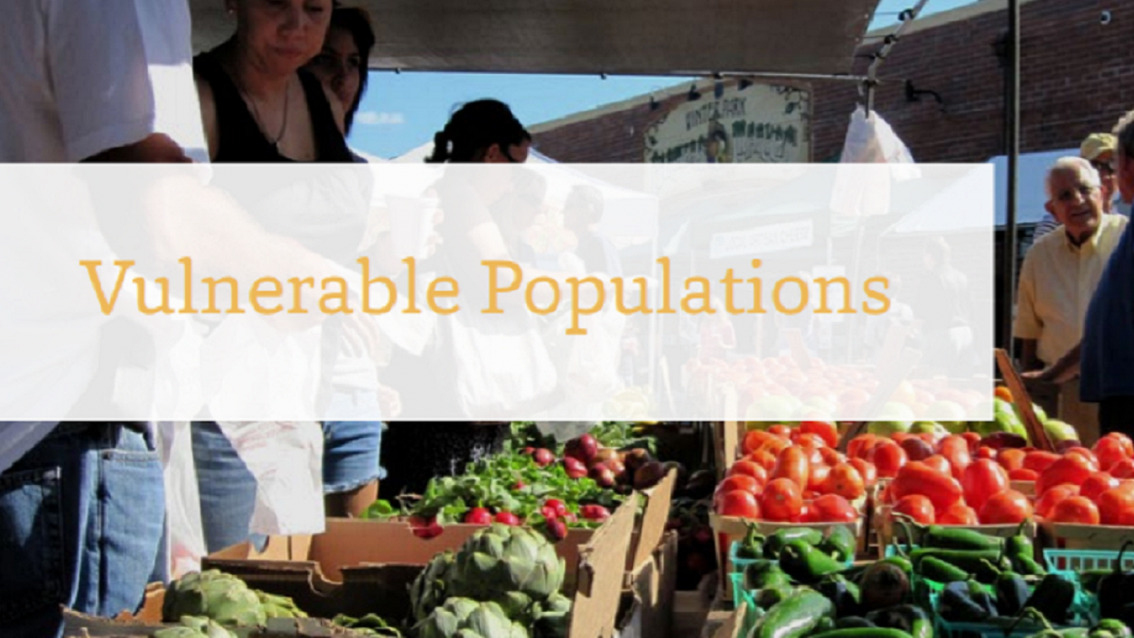 Farmer's market table with vegetables organized in boxes. People are shopping and there is text that reads 'Vulnerable Populations'