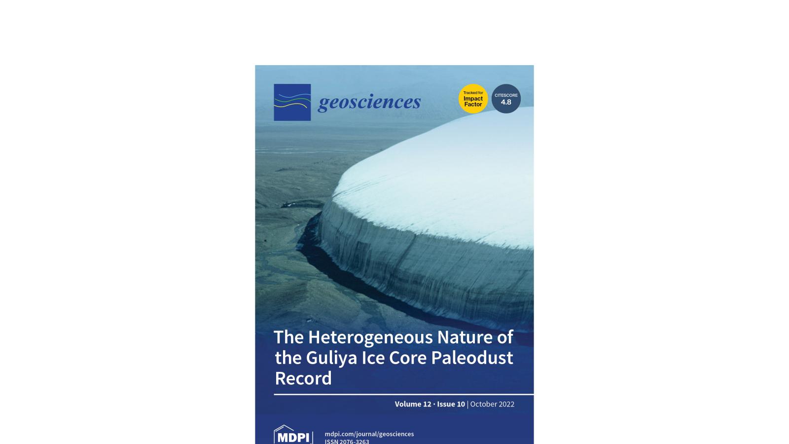 A magazine cover titled The Heterogeneous Nature of the Guliya Ice Core Paleodust Record, details in caption