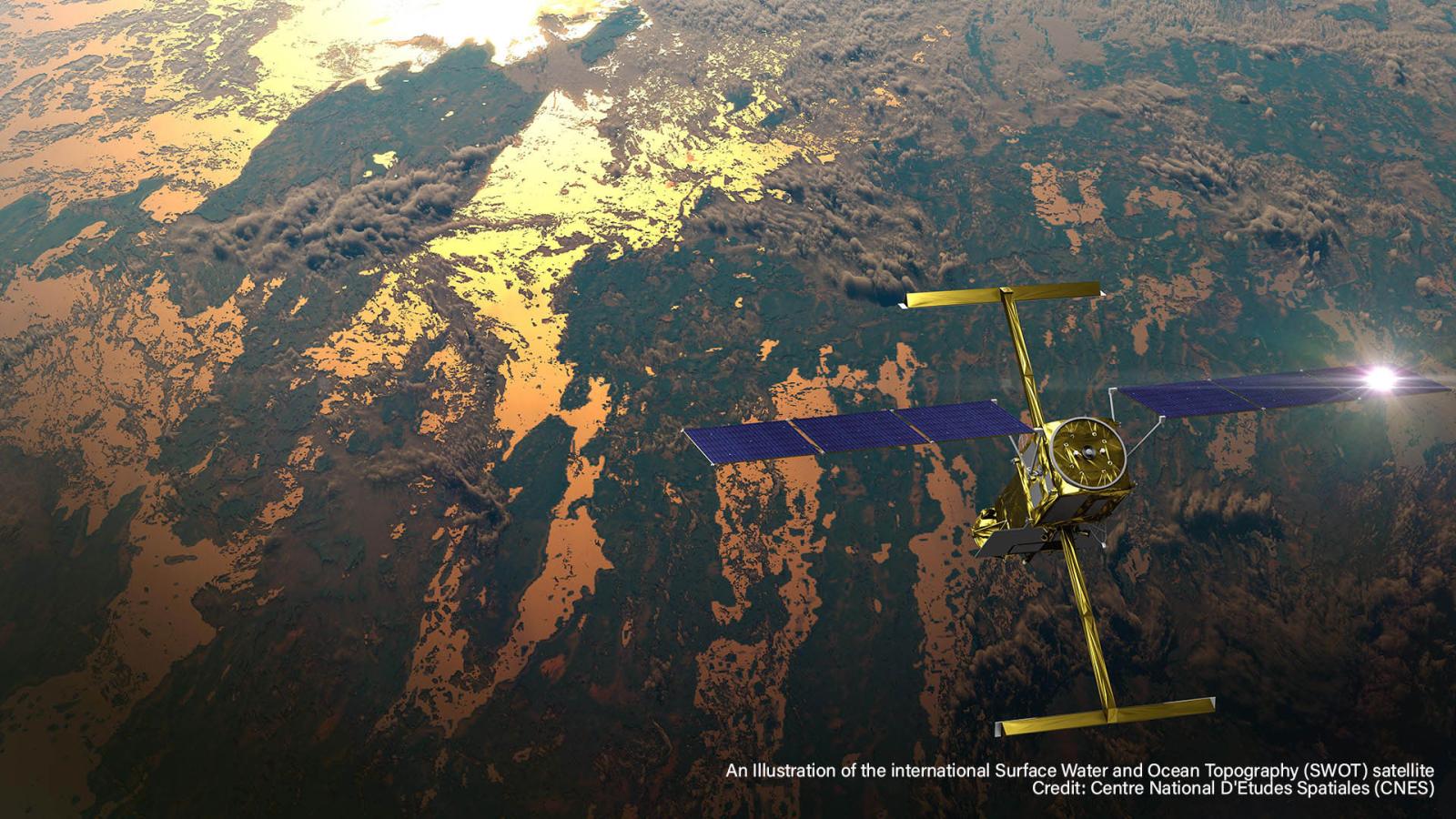 An illustration of CNES showing a gold SWOT satellite in orbit above land of water and vegetation with sunlight glinting off the water and one array of solar panels, as well as both blue tile KaRIn instrument antennas deployed.