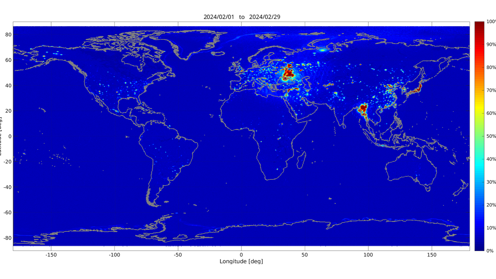 Map of the world in dark blue with land masses outlined and some patches of light blue, yellow and red mix. X axis Longitude -200 to200 and Y axis Latitude -80 to 80 with a color gradient column to the right from 0% in dark blue to 100% in red.