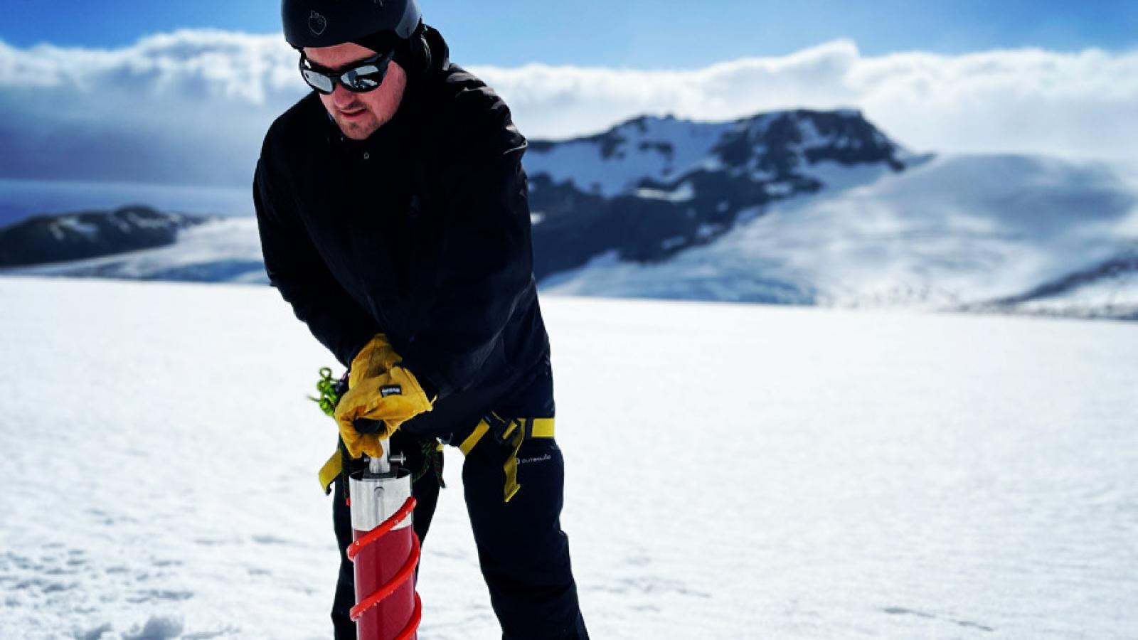 Drilling ice cores on Johnsons Glacier on Livingston Island, Antarctica