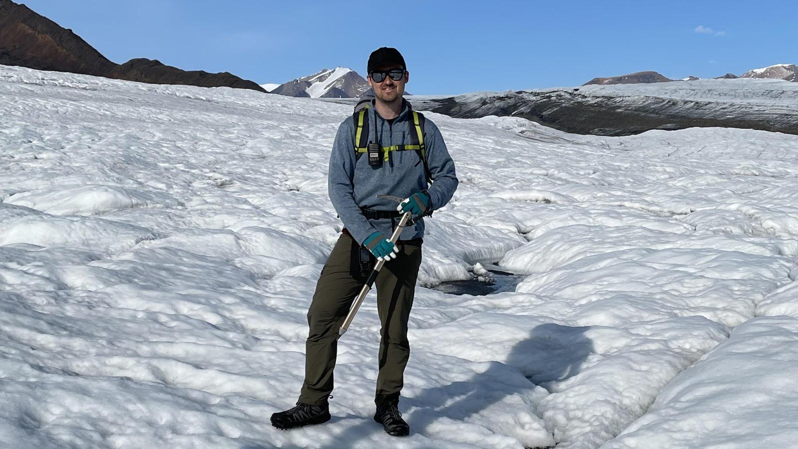 Posing for a photo on White Glacier, Axel Heiberg Island, High Arctic of Canada