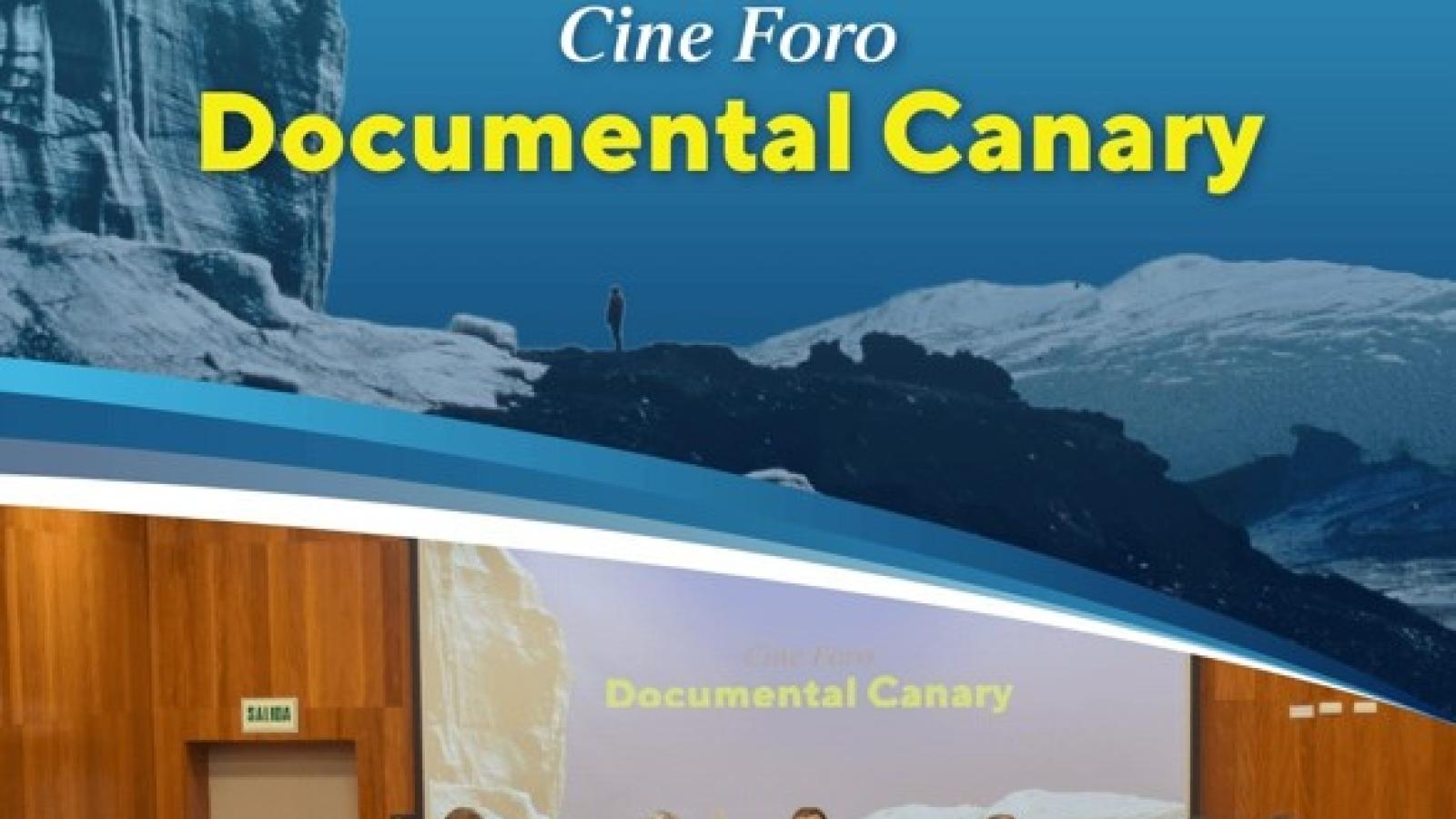 Event poster with glacier image and group photo promoting the “Cine Foro Documental Canary” screening at PUCP.