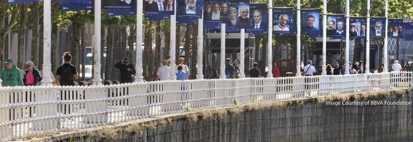 Treelined Bridge with flags of BBVA award recipient images