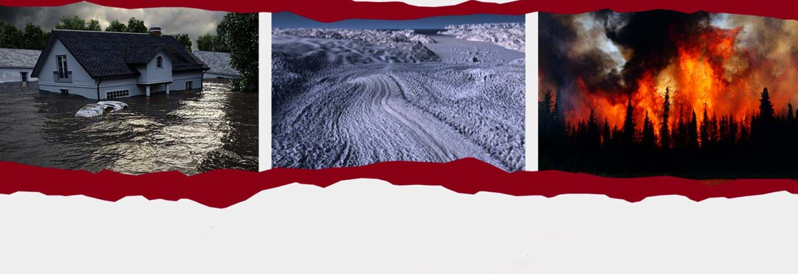 banner of 4th Annual Byrd Center Symposium on Frida October 21, 2022 showing 3 images centered on white background one on left is of houses and car in flood waster, middle snow and right picture of forest on fire with red jagged ribbon on top and bottom of image in red against white background