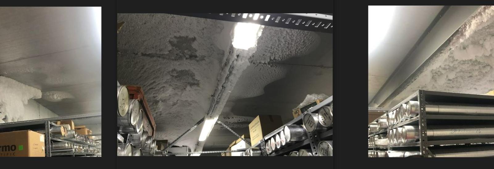 collection of 3 images of the ice core facility side by side from left to rights showing frost build up  on left wall above silver metal shelving housing silver cylinders and cardboard boxes, middle image showing buildup on ceiling above metal shelving housing silver cylinders and cardboard boxes and third image to the right shows frost buildup to the right above silver metal shelving housing silver cylinders and cardboard boxes