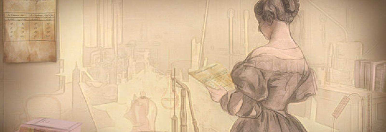 Illustration of Eunice Newton Foote in her laboratory