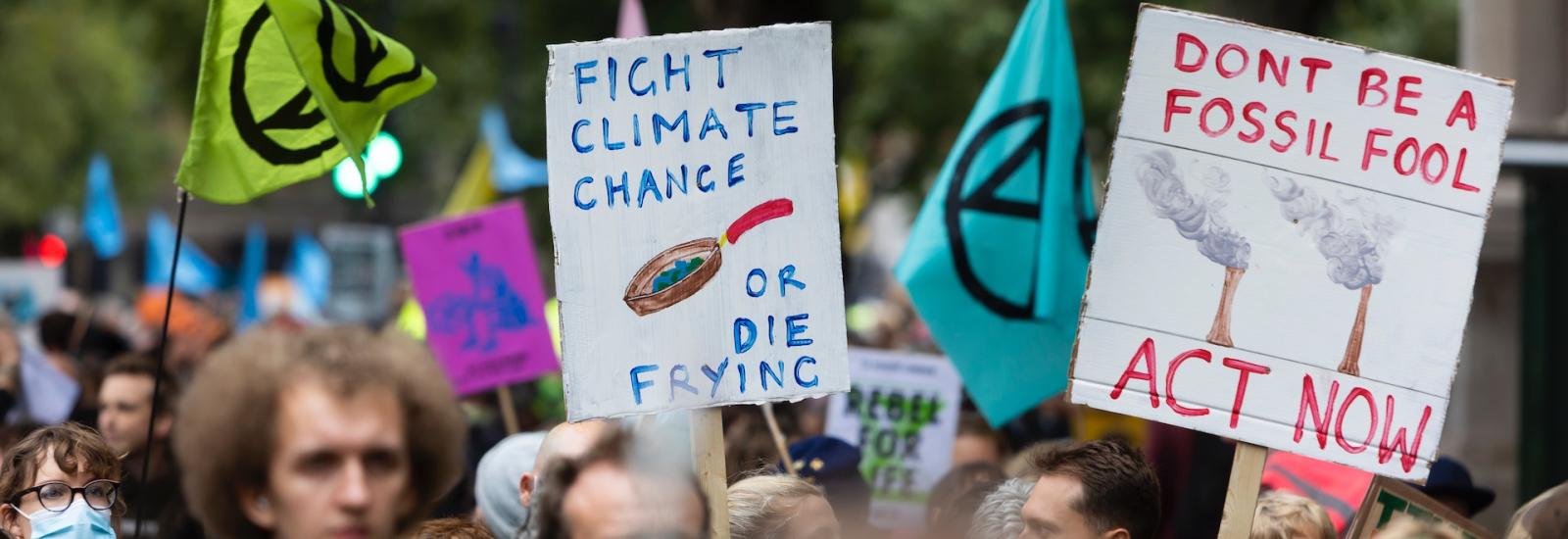 A protest with a number of people some masked outdoors with peace flags and  signs some read Don't be a fossil fool, Act now and Fight climate change or die frying