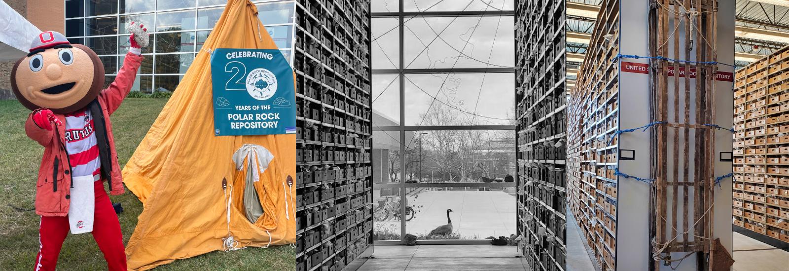 collage of 3 pictures side by side with the middle in black and white. The first to left is Brutus next to a yellow tent with a sign on it in front if a building with a glass wall. The middle is looking out outside from inside that building through glass with a goose outside the window. the third is of shelving partitions to ceiling with wooden drawers on shelves and a sled on the side of one of the partitions..