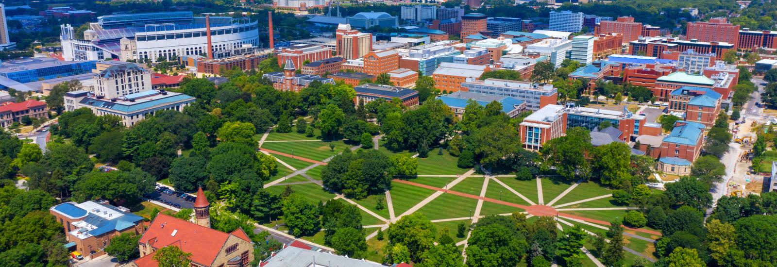Aerial of The Ohio State Univerisy's Columbus campus, the Oval.