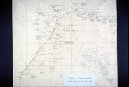 A charted course is drawn out in black ink over a pre-printed map of Antarctica. There is a line charting the course and markers with notes indicating when they reached that point and the coordinates. 