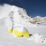 Snow blowing across basecamp in Naimona'nyi. 2006.