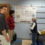 Tw people discussing a poster while a third looks toward the camera.